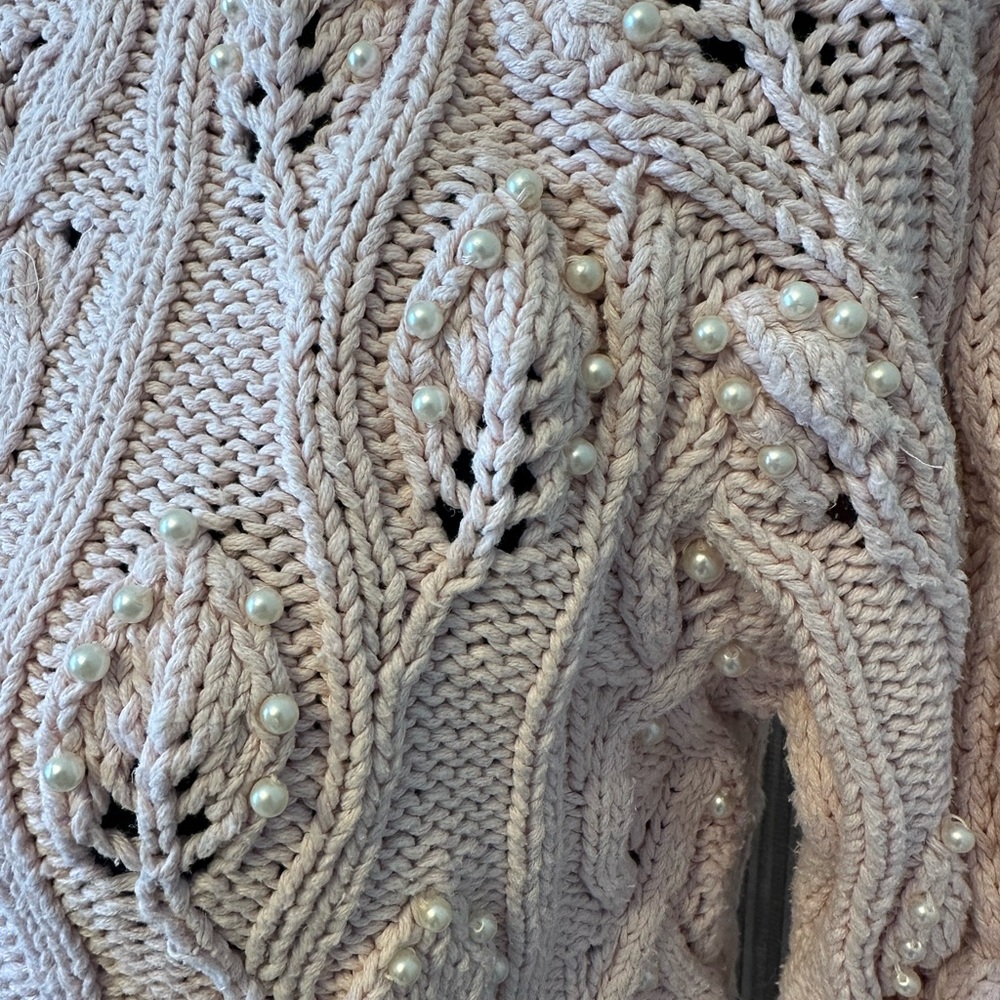 Vintage Yarnworks Pearl Embellished Cable Knit Sweater Pink Cottagecore Medium - Picture 5 of 9